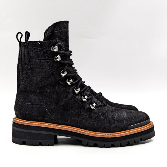 Marc Fisher Women Lizzie Black Croc Festival Combat Black Leather Boots sz 7.5 - Picture 9 of 12